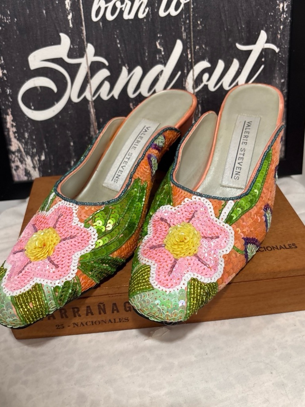 Valerie Stevens Pink, Green & Orange Sequin Floral Mules